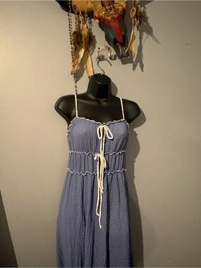 See You Monday,Blue Spaghetti-Strap Cotton Blend dress with Tie Detail so soft.
